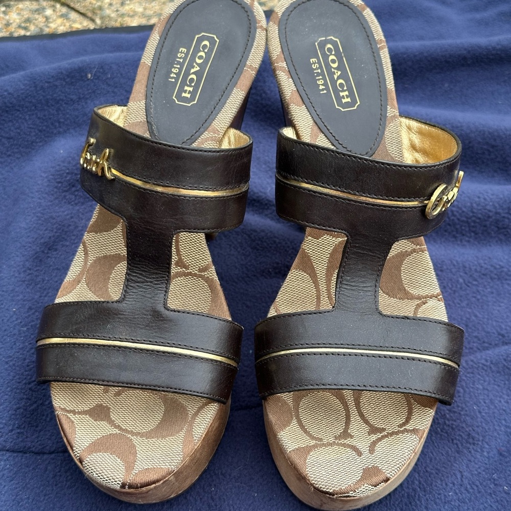Coach wood heels with leather strap